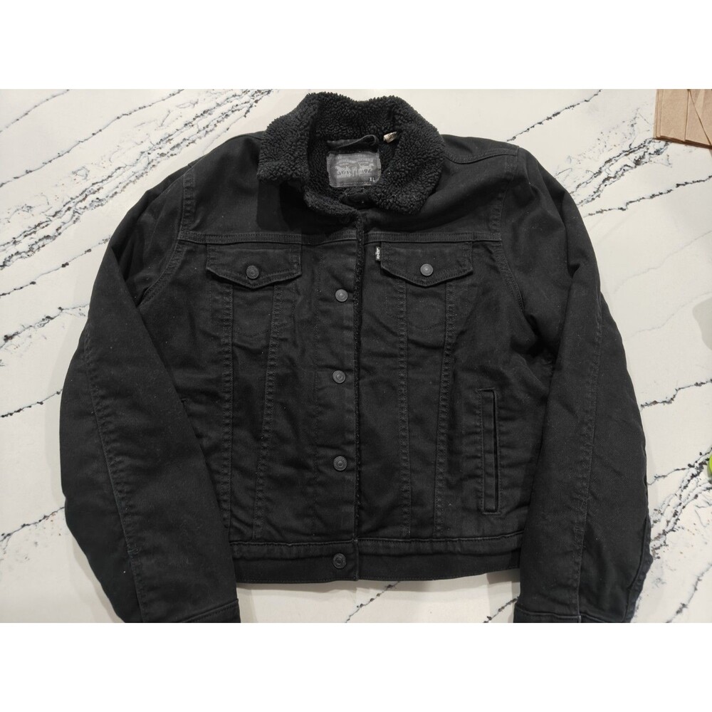 Levi's Women's Black Denim Crop Trucker Jacket Sherpa Lined Women's Size XL